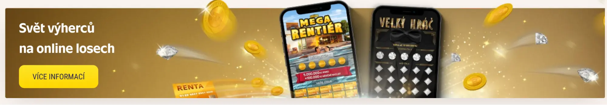 Svět výherců na online losech – objevte exkluzivní stírací losy Mega Rentier a Velký Hráč Dva online losy na mobilním telefonu – Mega Rentier a Velký Hráč, obklopené mincemi a diamanty